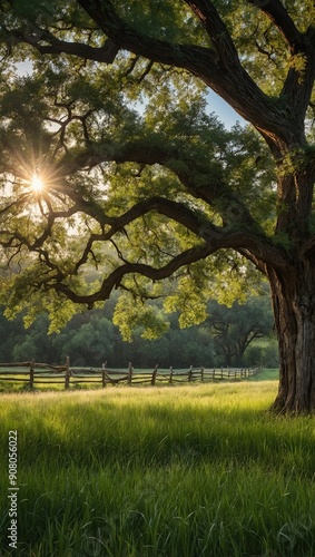 A large tree stands in a sunlit field, with sunlight filtering through its leaves
