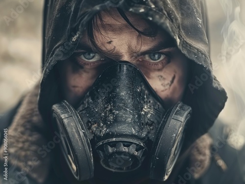 Medium shot of The man put on a black hood and an old, disheveled, torn cloak, black boots, and a black respirator mask, themed background, bright tonality, in the style of fashion photography.