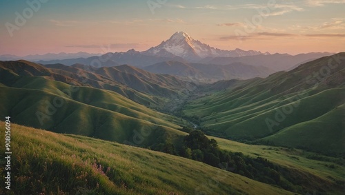 Beautiful mountain scenery at sunset, with towering mountains and a foreground of soft, green grass