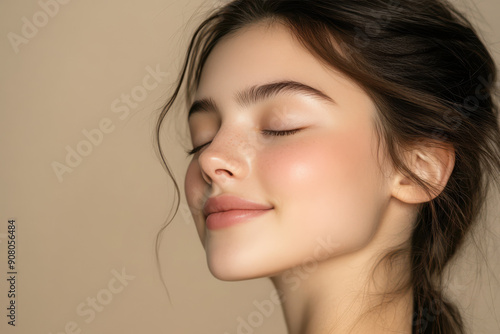 A close up of a girl's face with her eyes closed