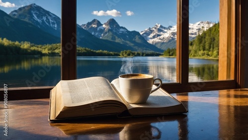 A warm cup of coffee and an open book resting on a window sill, inviting relaxation and reading