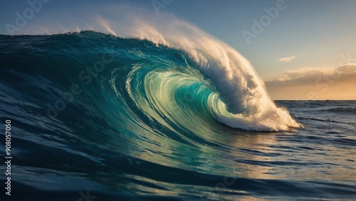 A large wave crashes on the ocean as the sun sets