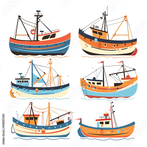 Colorful fishing boats various styles isolated white background illustrated vector. Different types trawlers vessels designed transporting fish catches illustration. Traditional coastal maritime