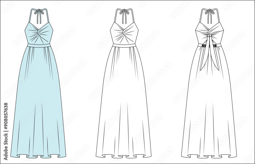 womens girls long summer dress sketch, ladies maxi lenght summer dress mock up, womens dress vector front and back editable technical drawings womens girls long summer dress sketch, ladies maxi lenght summer dress mock up, womens dress vector front and back editable technical drawings