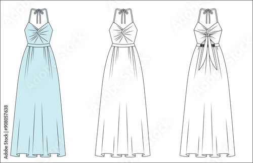 womens girls long summer dress sketch, ladies maxi lenght summer  dress mock up, womens dress vector front and back editable technical drawings
