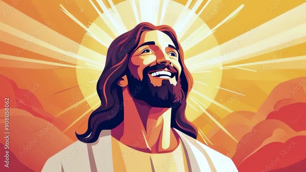 jesus christ face smiling with halo and rays of light cartoon style animation isolated. represent jesus love. ascention, ressurection, and transformation - 4k stock video footage AI jesus christ face smiling with halo and rays of light cartoon style animation isolated. represent jesus love. ascention, ressurection, and transformation - 4k stock video footage AI