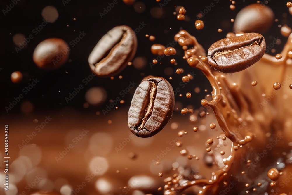 Roasted coffee beans splashing in delicious coffee, cut out , ai Roasted coffee beans splashing in delicious coffee, cut out , ai