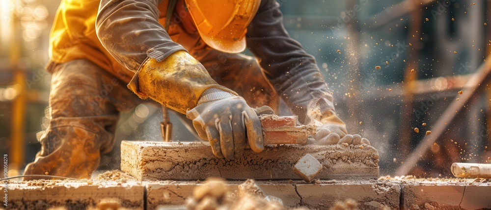 Construction worker laying bricks, hands protected by gloves, focused on building. Construction worker laying bricks, hands protected by gloves, focused on building.