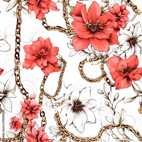 Discover a seamless pattern featuring elegant flowers intertwined with chains, perfect for textiles, wallpapers, and modern designs. Embrace nature's beauty!