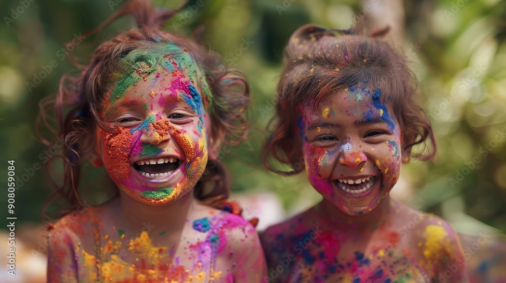 Two young children, faces covered in different colors of powder, smiling widely as they chase each other with handfuls of powder Two young children, faces covered in different colors of powder, smiling widely as they chase each other with handfuls of powder