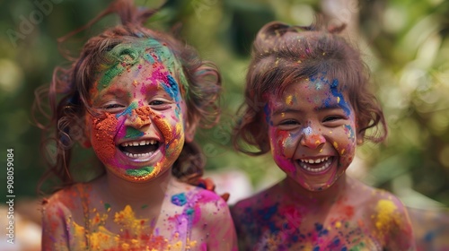 Two young children, faces covered in different colors of powder, smiling widely as they chase each other with handfuls of powder photo