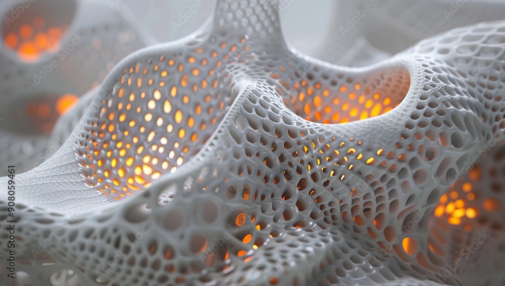 3d printed architecture, white and grey with glowing orange lights in the pattern of mesh like fabric 3d printed architecture, white and grey with glowing orange lights in the pattern of mesh like fabric