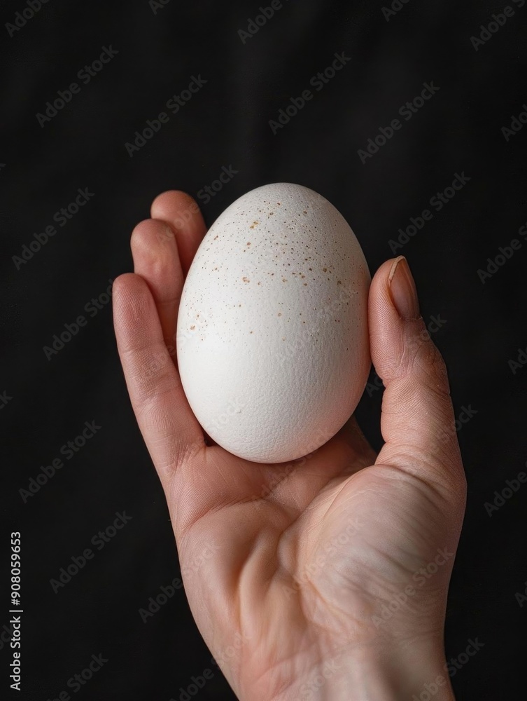 Close-up of a hand holding a speckled white egg against a dark background. Natural and organic food concept image. Close-up of a hand holding a speckled white egg against a dark background. Natural and organic food concept image.