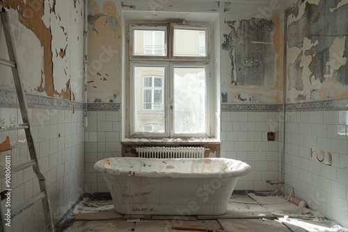 Old bathroom being renovated with bathtub and exposed brick wall © Michael