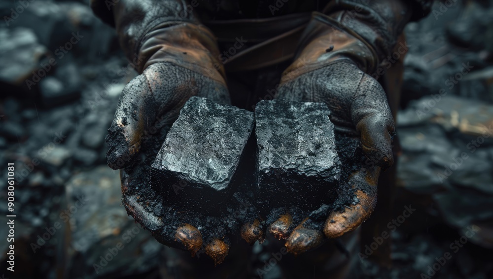 A close-up of hands holding black coal blocks. A close-up of hands holding black coal blocks.