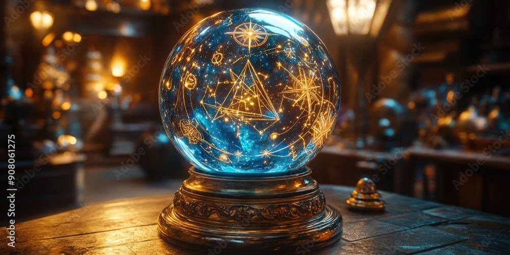 Mystical Fortune Teller's Crystal Ball Surrounded by Cartoon Astrological Symbols Mystical Fortune Teller's Crystal Ball Surrounded by Cartoon Astrological Symbols