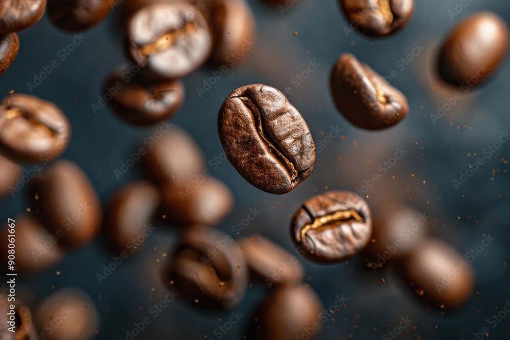 Roasted coffee beans falling down on dark background Roasted coffee beans falling down on dark background