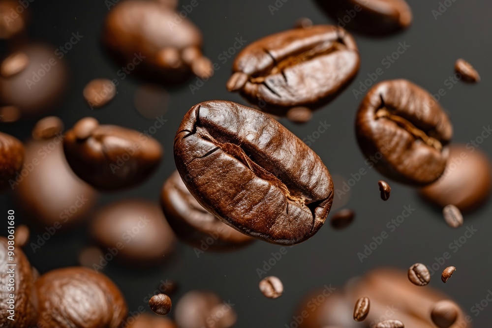 Roasted coffee beans falling down on dark background Roasted coffee beans falling down on dark background