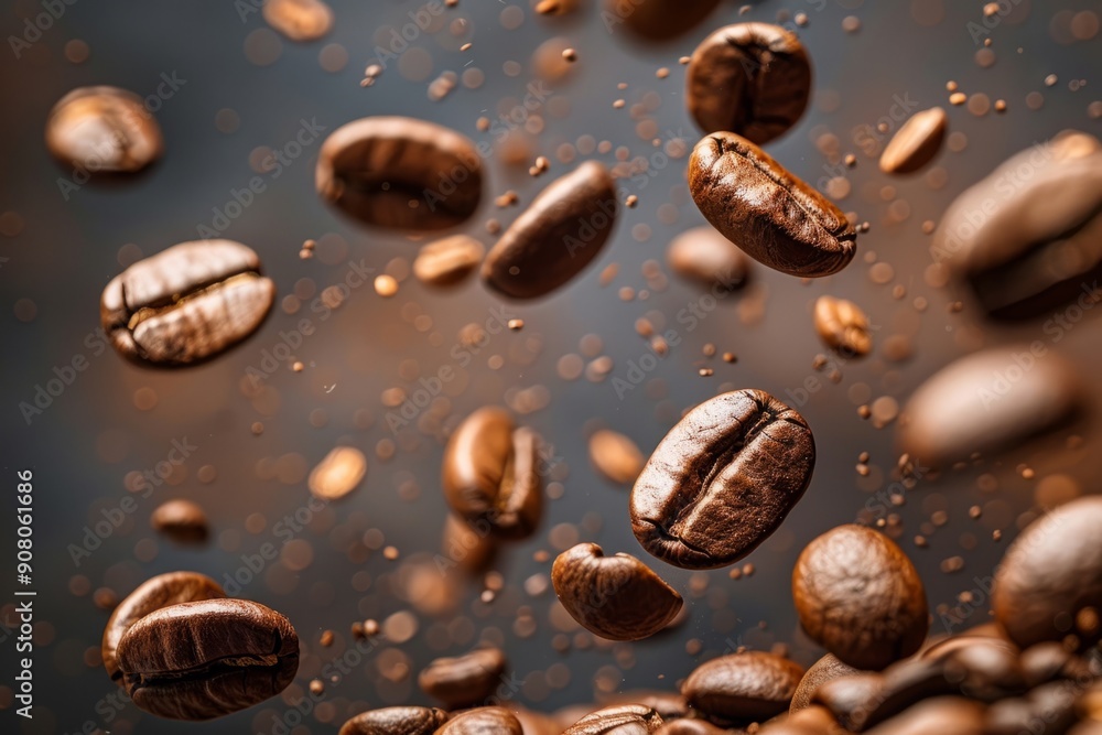 Roasted coffee beans falling down on dark background Roasted coffee beans falling down on dark background