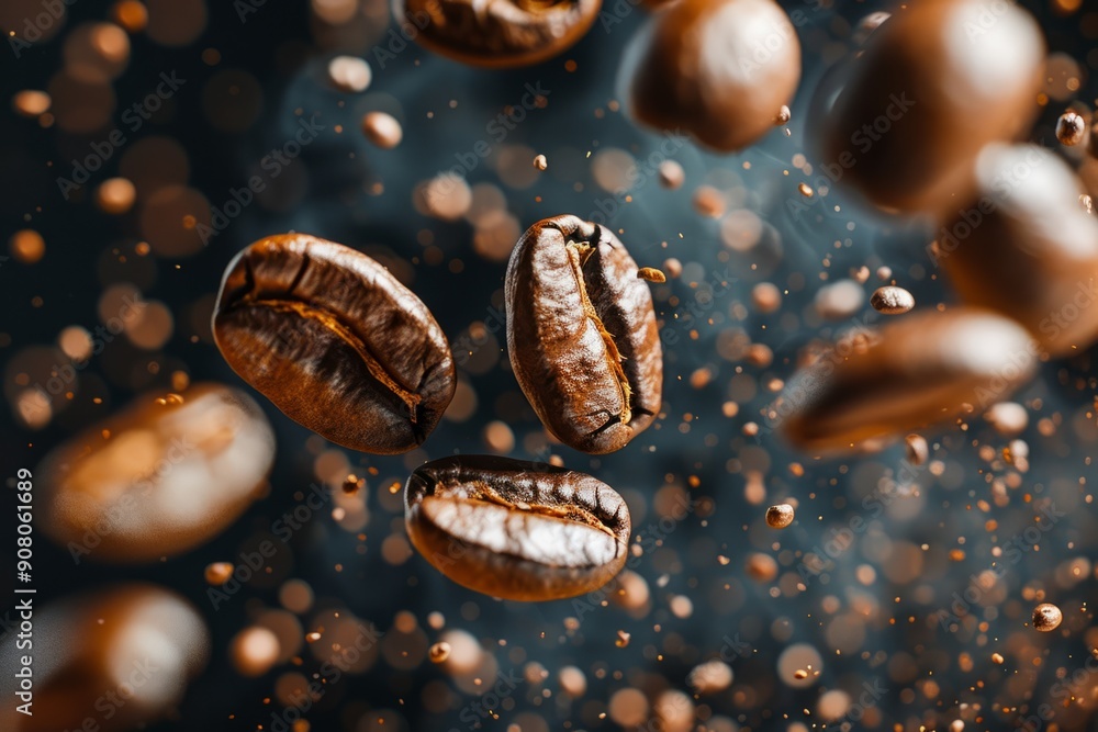 Roasted coffee beans levitate falling down Roasted coffee beans levitate falling down