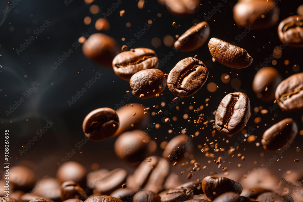 Roasted coffee beans levitate falling down Roasted coffee beans levitate falling down