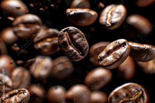 Roasted coffee beans falling down on dark background