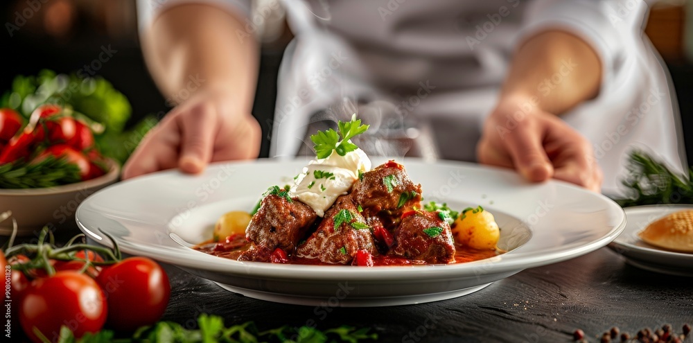 Master Chef Crafting Hungary's Goulash on a White Plate with Luxurious Textures and Vivid Colors Master Chef Crafting Hungary's Goulash on a White Plate with Luxurious Textures and Vivid Colors