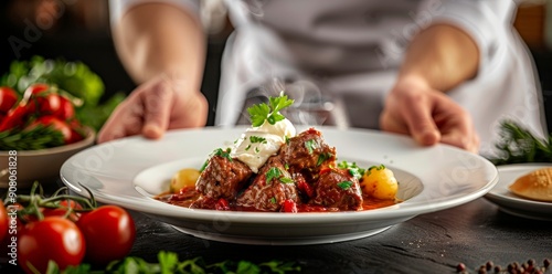 Master Chef Crafting Hungary's Goulash on a White Plate with Luxurious Textures and Vivid Colors photo