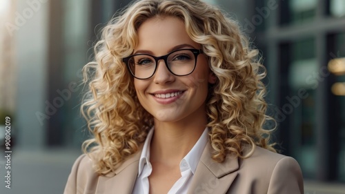 Smiling blond businesswoman in glasses looking confidently at camera, studio portrait