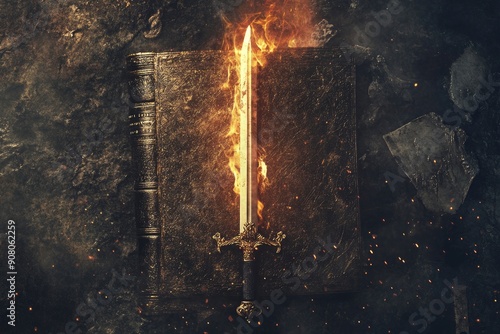 Sword of the spirit. Holy bible. For the word of God is living and active, sharper than any double-edged sword. Flaming sword of the spirit and the word of god concept art. With copy space , ai