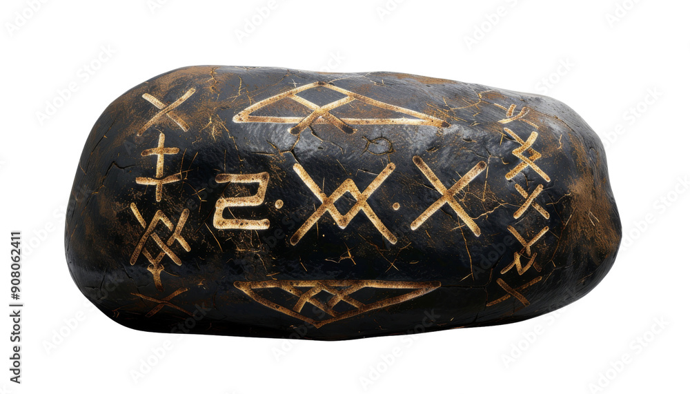 A black stone with carved symbols and markings, isolated on black background. A black stone with carved symbols and markings, isolated on black background.