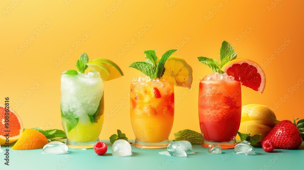 A close-up image of three summer cocktails, each garnished with fruit and mint, against a yellow background. A close-up image of three summer cocktails, each garnished with fruit and mint, against a yellow background.