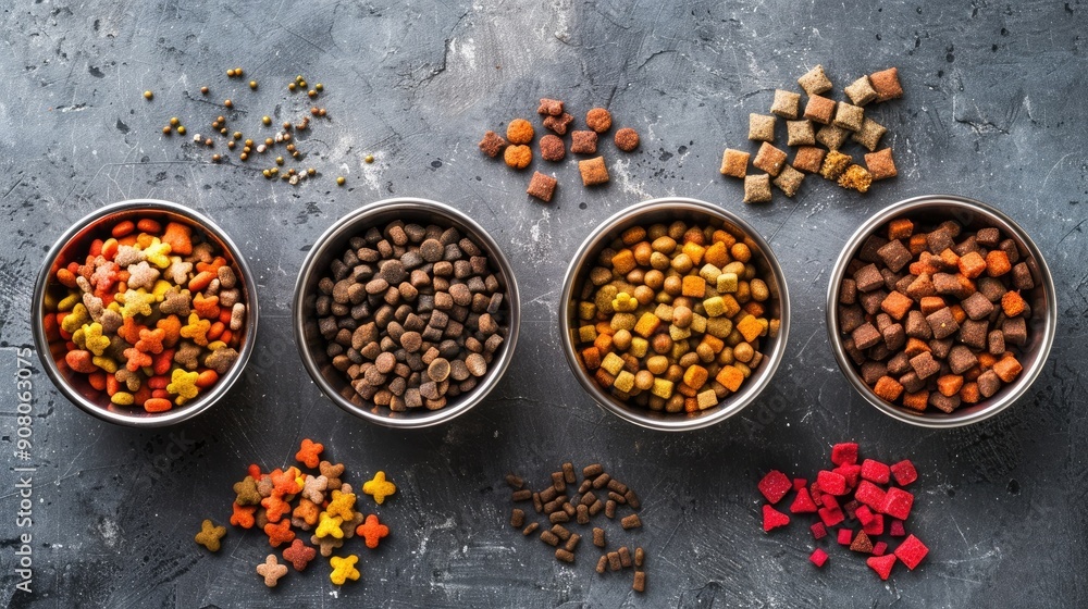 Bowls of pet food on a gray surface Bowls of pet food on a gray surface