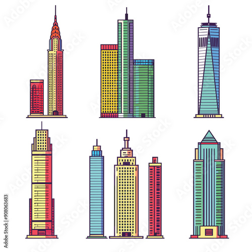 Colorful skyscrapers graphic reflecting metropolitan architecture. Vibrant highrise buildings diverse designs isolated white background. Modern city tower illustrations showcasing urban development