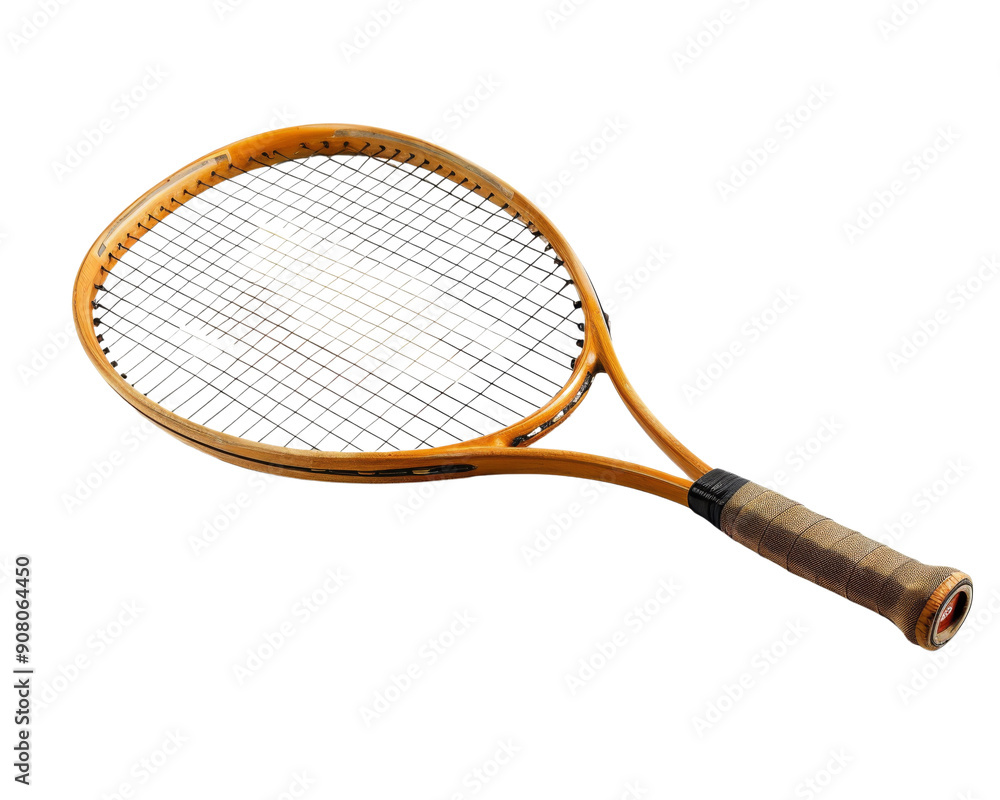 A classic wooden tennis racket with a worn leather grip. The strings are tightly strung, ready for a game. A classic wooden tennis racket with a worn leather grip. The strings are tightly strung, ready for a game.