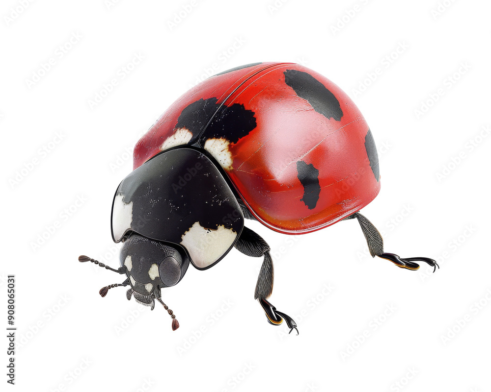 A close-up of a ladybug with red and black wings and white spots, perched on a surface. A close-up of a ladybug with red and black wings and white spots, perched on a surface.
