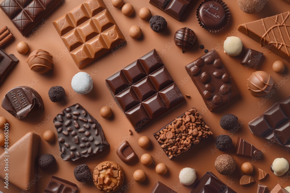 Fototapeta premium world chocolate day text with different types of chocolates, top view. a brown paper surface with various pieces of dark and milk chocolate bars scattered around it.