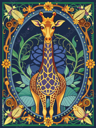 A Giraffe Standing in a Floral Frame