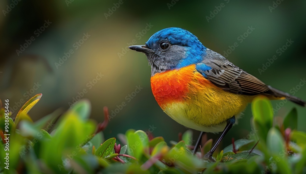 A colorful bird with a blue head, yellow and red chest is standing on the green grass in a garden. A colorful bird with a blue head, yellow and red chest is standing on the green grass in a garden.