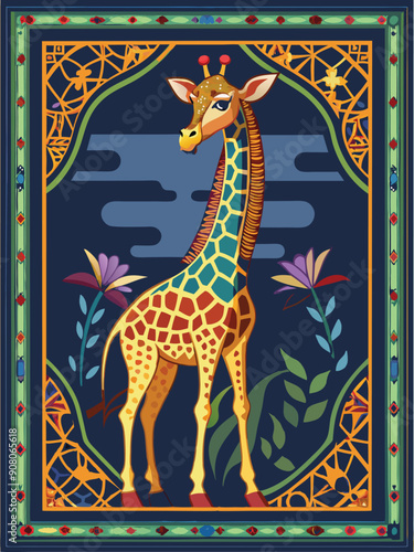 A Colorful Giraffe Framed in a Geometric Pattern