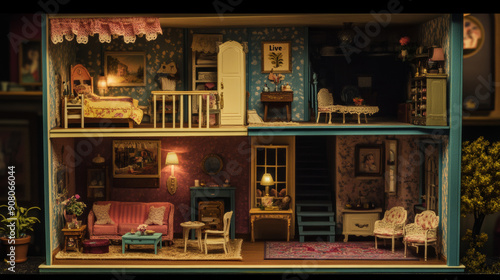 Illustrate a detailed dollhouse with rooms filled with miniature furniture and accessories, showcasing the intricate world where dolls "live" and play out their stories. 