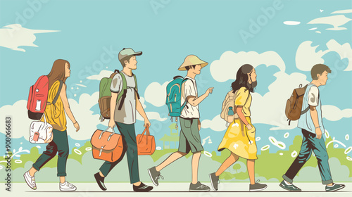 Teenagers journey adventure outdoors walking backpacks nature landscape. Group travel exploring countryside cloud blue sky. Educational trip school travel youth trekking. Diverse group teens hike
