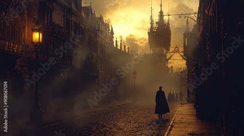 34. Human development, steampunk, static shot, proportion, fog, bounce lighting, sunset palette