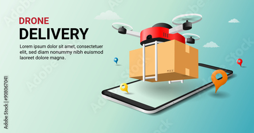 Drone delivery service on mobile. Tele transportation, Air logistics by drone, Online order tracking, Online shopping, Fast Digital online delivery concept. Webpage, Banner. 3D vector Illustration