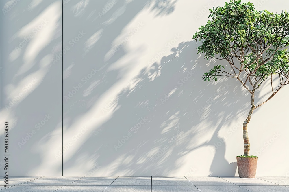 White wall with a potted tree on the right side of an empty outdoor area White wall with a potted tree on the right side of an empty outdoor area
