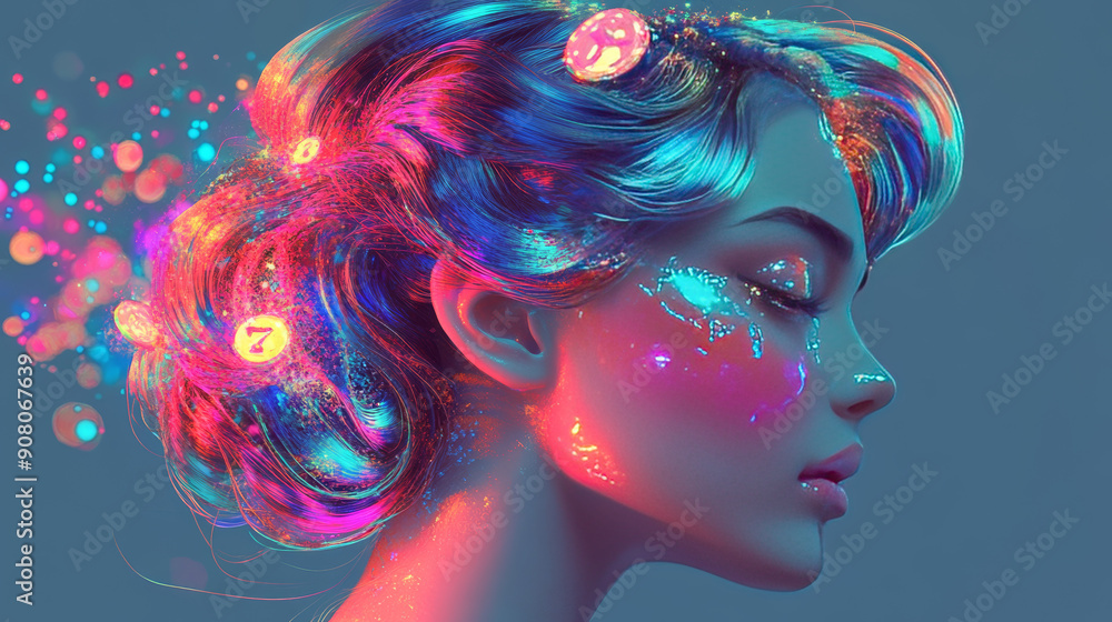 Illustrate a hairstyle that mimics the bright lights and excitement of a slot machine, with metallic colors, shimmering accessories, and perhaps even tiny slot machine symbols as hair adornments. Illustrate a hairstyle that mimics the bright lights and excitement of a slot machine, with metallic colors, shimmering accessories, and perhaps even tiny slot machine symbols as hair adornments.