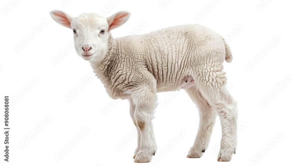 Fototapeta premium A cute white lamb standing on a white background. The lamb is looking at the camera with a curious expression.