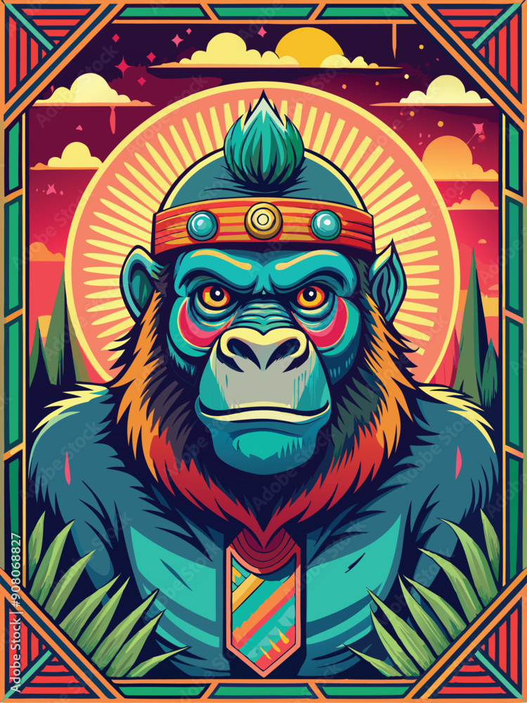 A stylized blue gorilla with a headband and a tribal pattern A stylized blue gorilla with a headband and a tribal pattern