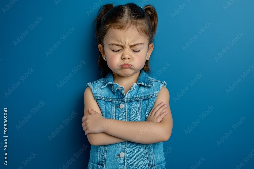 The photo depicts an adorable little girl with crossed hands wearing a trendy jeans outfit isolated on a blue background with a moody and unhappy expression The photo depicts an adorable little girl with crossed hands wearing a trendy jeans outfit isolated on a blue background with a moody and unhappy expression