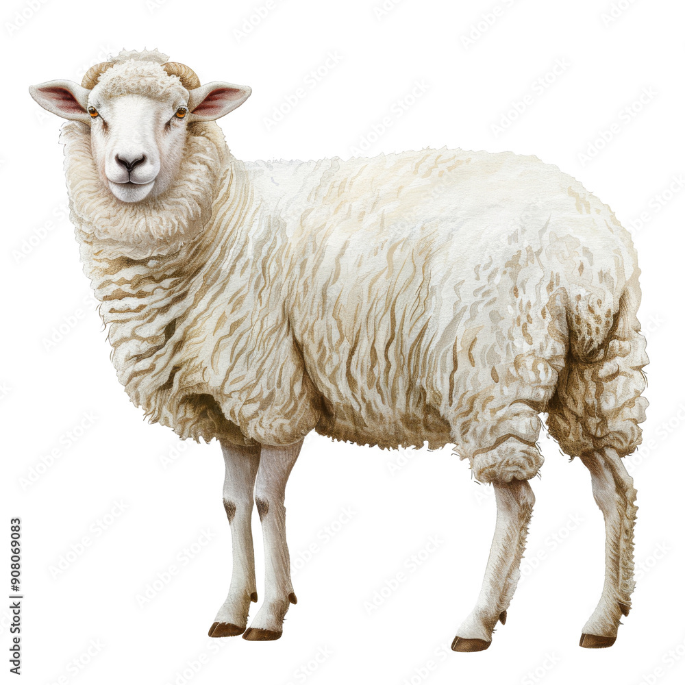A fluffy white sheep stands on a black background. Its coat is soft and full, with a friendly expression on its face. A fluffy white sheep stands on a black background. Its coat is soft and full, with a friendly expression on its face.